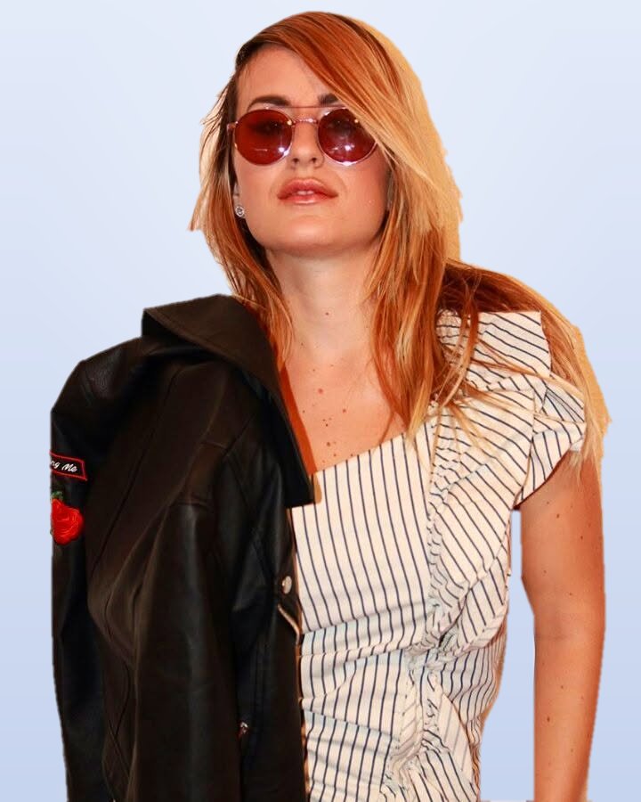 Valeria Restrepo, a School Decide student, in round red sunglasses and a striped top with a black leather jacket over one shoulder